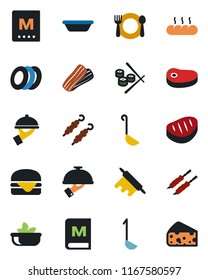 Color and black flat icon set - cafe vector, menu, salad, plates, bacon, waiter, bread, steak, kebab, hamburger, ladle, bowl, rolling pin, sushi, cheese