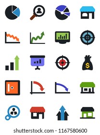 Color and black flat icon set - shop vector, checkroom, growth statistic, money bag, crisis graph, store, monitor statistics, pie, target, consumer search, arrow up, presentation, storefront