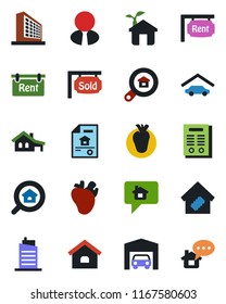 Color and black flat icon set - office building vector, real heart, contract, house, with garage, estate document, rent, sold signboard, search, agent, smart home, city, eco, message