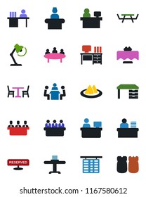 Color and black flat icon set - cafe vector, reception, flight table, desk, meeting, manager place, picnic, lamp, restaurant, serviette, reserved, salt and pepper