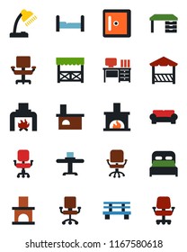 Color and black flat icon set - checkroom vector, office chair, desk, bench, fireplace, lamp, bedroom, cushioned furniture, restaurant table, alcove