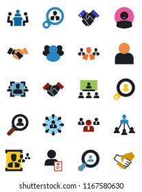 Color and black flat icon set - handshake vector, hierarchy, team, patient, group, user, hr, meeting, client search, consumer