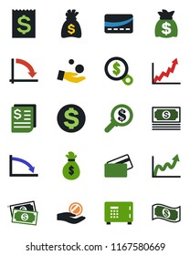 Color and black flat icon set - safe vector, dollar sign, money bag, crisis graph, cash, receipt, credit card, growth, search, investment