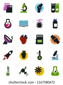 Color and black flat icon set - satellite antenna vector, book, microscope, ampoule, real heart, joint, virus, sd, thermometer, rocket, flask