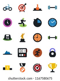 Color and black flat icon set - pedestal vector, medal, barbell, bike, run, heavy, clock, stopwatch, mountains, target, award cup