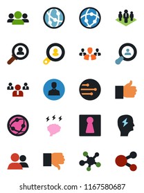Color and black flat icon set - female vector, team, brainstorm, network, share, group, finger up, down, user, company, client search, consumer, social media