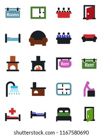 Color and black flat icon set - baby room vector, bed, shower, meeting, fireplace, hospital, plan, rent, rooms, bedroom, cushioned furniture, door