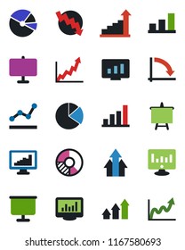 Color and black flat icon set - growth statistic vector, presentation board, crisis graph, monitor, circle chart, statistics, bar, pie, point, arrow up