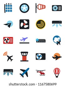 Color and black flat icon set - plane vector, airport tower, radar, departure, wind, helicopter, seat map, globe, air conditioner, fan, paper, balloon