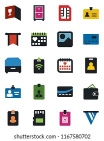 Color and black flat icon set - credit card vector, identity, medical calendar, gallery, sd, sim, archive box, wine, pass, wallet, pennon