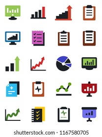 Color and black flat icon set - growth statistic vector, monitor, diagnosis, pulse clipboard, statistics, bar graph, pie, checklist, point, presentation