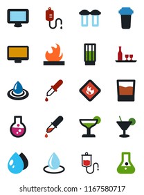 Color and black flat icon set - water drop vector, dropper, flammable, monitor, alcohol, drink, cocktail, filter, flask