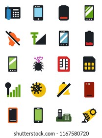 Color and black flat icon set - mobile phone vector, virus, cell, low battery, back, sim, mute, cellular signal, office, sun panel