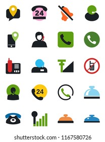 Color and black flat icon set - phone vector, no mobile, reception bell, 24 hours, support, tracking, radio, call, mute, cellular signal