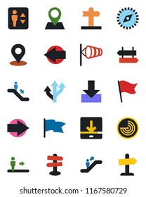 Color and black flat icon set - elevator vector, escalator, signpost, right arrow, left, wind, radar, route, pin, download, place tag, compass, flag, guidepost