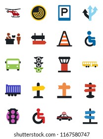 Color and black flat icon set - airport tower vector, bus, parking, passport control, signpost, alarm car, border cone, radar, helicopter, disabled, route, traffic light, truck trailer, guidepost