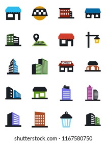 Color and black flat icon set - taxi vector, shop, office building, garden light, navigation, store, city house, cafe, storefront