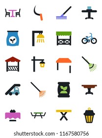 Color and black flat icon set - cafe vector, ladder car, rake, sickle, garden light, picnic table, fertilizer, bike, restaurant, alcove, outdoor lamp