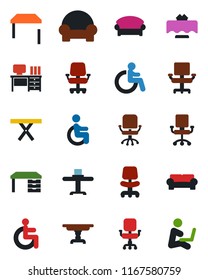 Color and black flat icon set - waiting area vector, disabled, office chair, desk, picnic table, cushioned furniture, restaurant, man with notebook