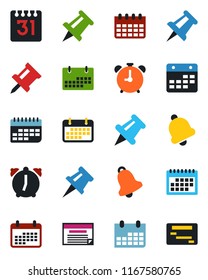 Color and black flat icon set - alarm clock vector, drawing pin, calendar, term, paper, bell, schedule