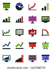 Color and black flat icon set - growth statistic vector, presentation board, crisis graph, monitor pulse, statistics, bar, pie, point