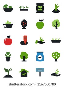 Color and black flat icon set - flower in pot vector, tree, sproute, seedling, plant label, fertilizer, fruit, salad, apple, eco house, palm