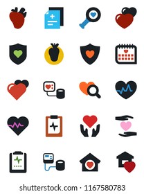 Color and black flat icon set - heart vector, pulse, diagnosis, blood pressure, diagnostic, shield, hand, real, medical calendar, clipboard, sweet home