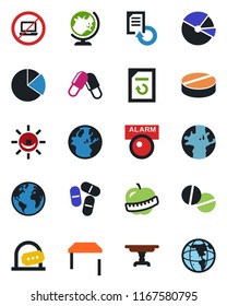 Color and black flat icon set - no laptop vector, ticket office, globe, document reload, pills, diet, earth, pie graph, table, alarm led