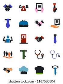 Color and black flat icon set - medical room vector, handshake, team, tie, document, stethoscope, meeting, cook hat, case