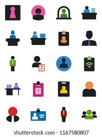 Color and black flat icon set - female vector, reception, manager, identity card, place, patient, user, desk, estate agent, pass, group