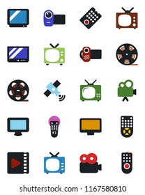 Color and black flat icon set - tv vector, reel, satellite, video camera, remote control, monitor