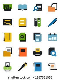 Color and black flat icon set - book vector, document search, pen, notepad, calendar, printer, folder, copybook, news, schedule, contract