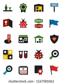 Color and black flat icon set - lady bug vector, plant label, blood test vial, heart diagnostic, shield, medical calendar, warehouse, search cargo, application, sertificate, alcohol, wine card, flag