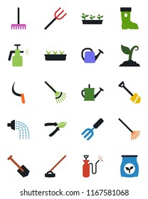 Color and black flat icon set - job vector, garden fork, farm, rake, watering can, sproute, pruner, boot, seedling, hoe, sickle, sprayer, fertilizer