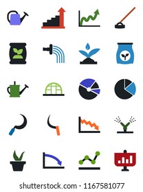 Color and black flat icon set - growth statistic vector, seedling, watering can, hoe, sickle, greenhouse, fertilizer, pie graph, point, irrigation, crisis, presentation