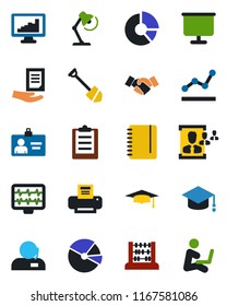 Color and black flat icon set - handshake vector, identity card, graduate, abacus, notepad, document, job, circle chart, monitor pulse, clipboard, statistics, presentation board, pie graph, hr