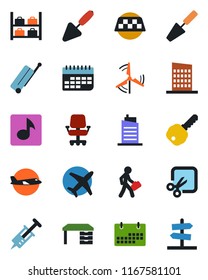 Color and black flat icon set - taxi vector, suitcase, plane, luggage storage, desk, trowel, syringe, term, cut, music, calendar, manager, windmill, key, city house, office chair, guidepost