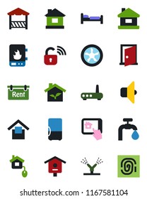 Color and black flat icon set - bed vector, house, bird, warehouse storage, water supply, rent, alcove, home control, eco, fan, wireless lock, irrigation, heater, router, app, sound, fridge, door