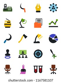 Color and black flat icon set - stamp vector, hierarchy, office chair, sickle, axe, ripper, blood test vial, themes, pie graph, document folder, ink pen, phone, point, desk lamp, target, copier