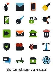 Color and black flat icon set - speaking man vector, mail, house, heart shield, antenna, video camera, share, fast forward, mobile, phone back, message, key, wireless lock, router, trash bin, earth