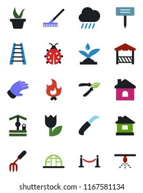 Color and black flat icon set - fence vector, garden fork, rake, ladder, seedling, pruner, glove, lady bug, fire, house, rain, well, knife, plant label, greenhouse, tulip, alcove, irrigation