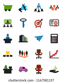 Color and black flat icon set - reception vector, team, manager place, hierarchy, target, group, growth graph, office chair, cart, calculator, car, paper plane, certificate, advertising, tie