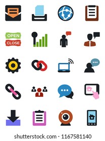 Color and black flat icon set - wireless notebook vector, speaking man, gear, team, clipboard, dialog, speaker, chain, mail, network, download, cellular signal, paper tray, open close, web camera