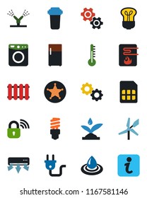 Color and black flat icon set - sim vector, power plug, wireless lock, irrigation, water heater, air conditioner, gear, filter, washer, thermometer, radiator, bulb, energy saving, police, fridge