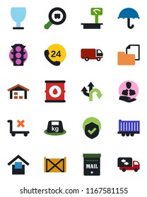 Color and black flat icon set - route vector, traffic light, 24 hours, client, truck trailer, car delivery, container, folder document, fragile, umbrella, warehouse storage, no trolley, shield