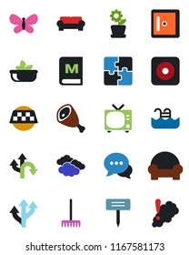 Color and black flat icon set - taxi vector, tv, clouds, checkroom, rake, butterfly, plant label, route, dialog, rec button, application, pool, cushioned furniture, flower in pot, menu, salad, ham