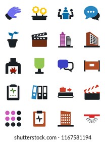 Color and black flat icon set - fence vector, baggage conveyor, office building, seedling, glove, pulse clipboard, fragile, clapboard, dialog, menu, paper binder, meeting, fireplace, flower in pot