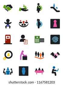 Color and black flat icon set - escalator vector, male, female, baby, room, medical, handshake, team, meeting, hospital, patient, pregnancy, fingerprint id, company, client search, palm sproute