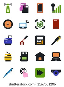 Color and black flat icon set - antenna vector, wireless notebook, pen, pc, garden fork, clock, touch screen, fast forward, phone back, calculator, sd, eye id, cellular signal, copier, smart home