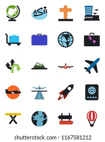 Color and black flat icon set - plane vector, runway, suitcase, baggage trolley, signpost, passport, globe, airport building, case, picnic table, route, earth, mountains, rocket, air balloon